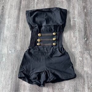SOLD Size small Black Strapless Romper with Decorative Gold Buttons